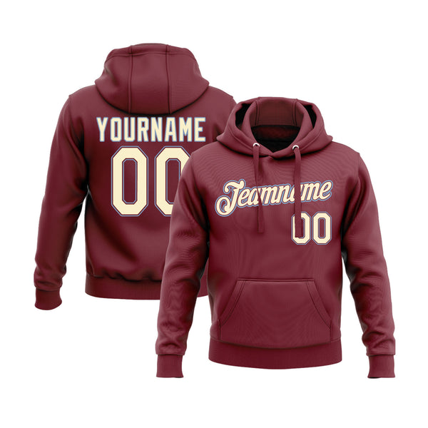 Custom Burgundy Cream-Light Blue Personalized Sports Team Embroidered Pullover Hoodie