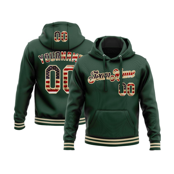 Custom Green Vintage USA Flag-Cream Personalized Sports Team Embroidered Pullover Hoodie