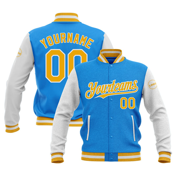 Custom Powder Blue Gold-White Classic Style Two Tone Bomber Varsity Letterman Embroidered Jacket