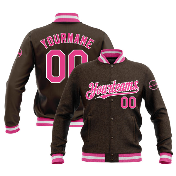 Custom Brown Pink-White Classic Style Full-Snap Bomber Varsity Letterman Embroidered Jacket