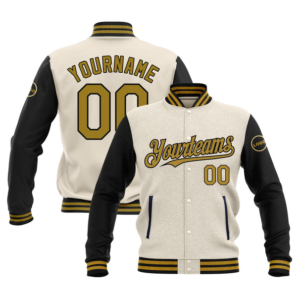 Custom Cream Old Gold-Black Classic Style Two Tone Full-Snap Bomber Varsity Letterman Embroidered Jacket
