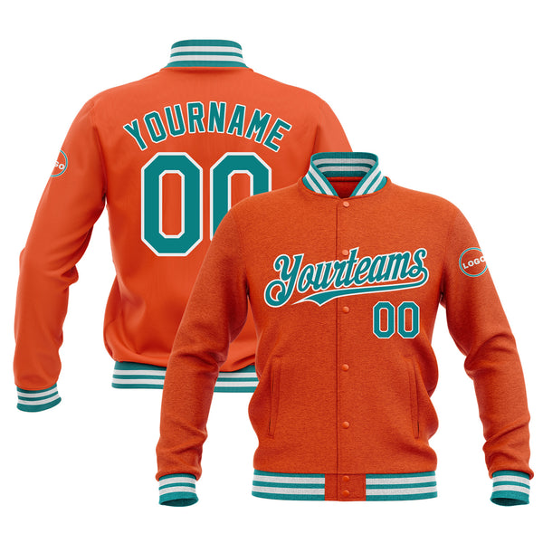 Custom Orange Teal-White Classic Style Bomber Varsity Letterman Embroidered Jacket