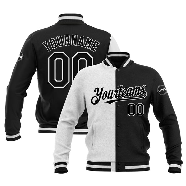 Custom White Black Classic Style Split Fashion Bomber Varsity Letterman Embroidered Jacket