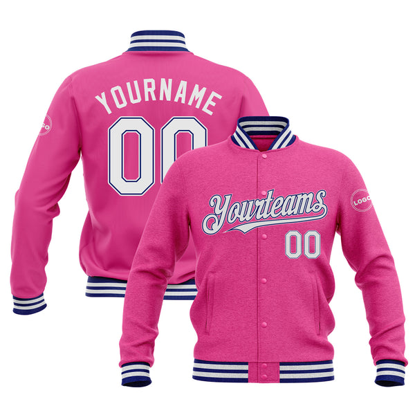 Custom Pink White-Royal Classic Style Bomber Varsity Letterman Embroidered Jacket