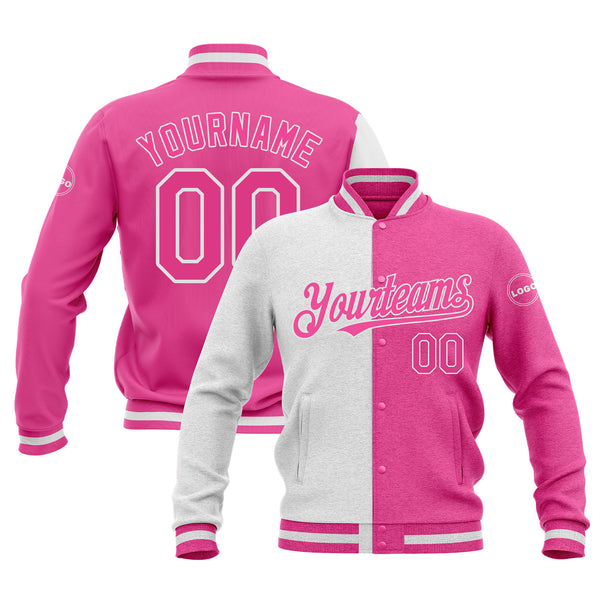 Custom Pink Pink-White Classic Style Split Fashion Bomber Varsity Letterman Embroidered Jacket