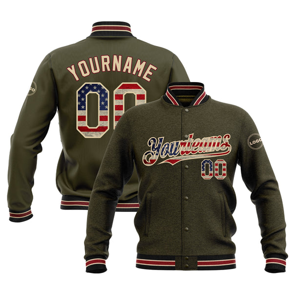 Custom Olive Vintage USA Flag City Cream-Black Classic Style Bomber Varsity Letterman Embroidered Jacket