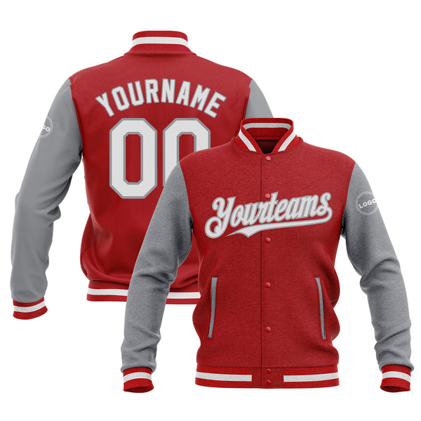 Custom Red White-Gray Two Tone Bomber Varsity Letterman Embroidered Jacket