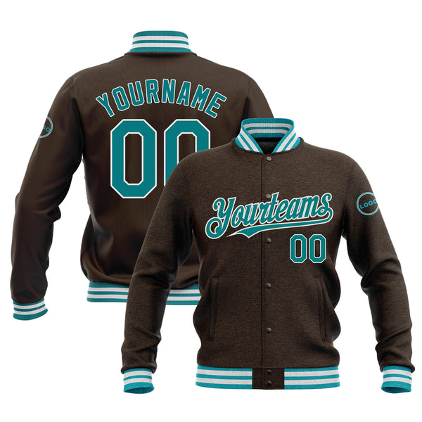 Custom Brown Teal-White Classic Style Full-Snap Bomber Varsity Letterman Embroidered Jacket