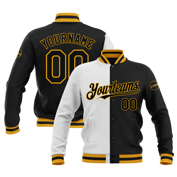 Custom White Black-Gold Classic Style Split Fashion Bomber Varsity Letterman Embroidered Jacket
