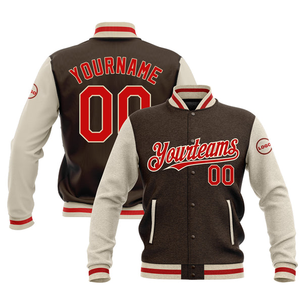 Custom Brown Red-Cream Classic Style Two Tone Full-Snap Bomber Varsity Letterman Embroidered Jacket
