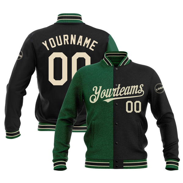Custom Black Cream-Kelly Green Classic Style Split Fashion Bomber Varsity Letterman Embroidered Jacket