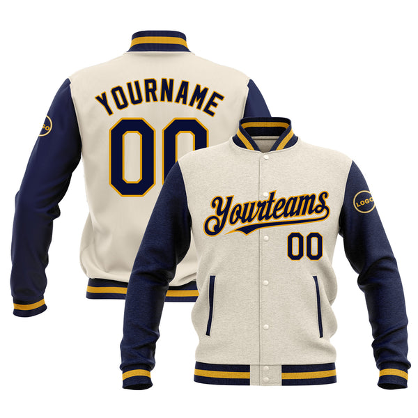 Custom Cream Navy-Gold Classic Style Two Tone Full-Snap Bomber Varsity Letterman Embroidered Jacket