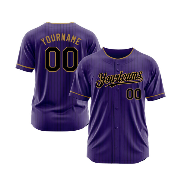 Custom Purple Black Pinstripe Black-Old Gold Classic Style Authentic Sports Baseball Jersey