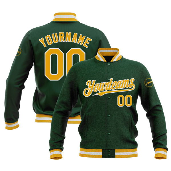 Custom Green Gold-White Classic Style Full-Snap Bomber Varsity Letterman Embroidered Jacket