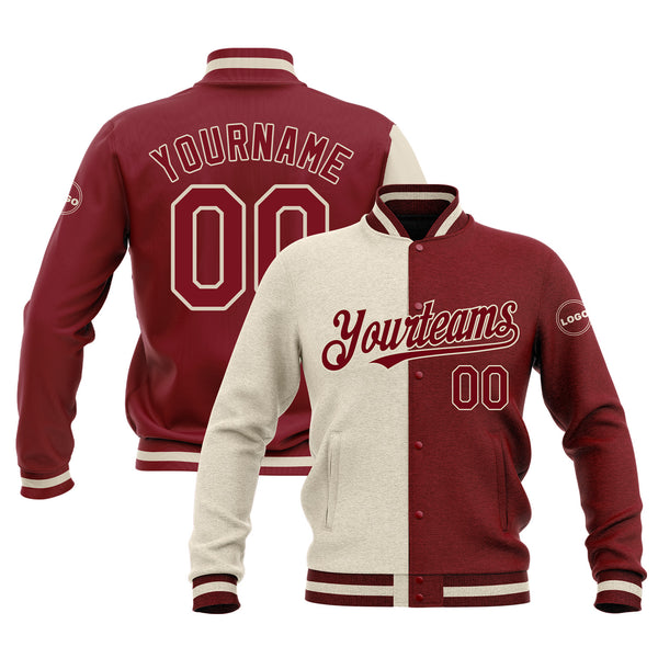 Custom Crimson Maroon-Cream Classic Style Split Fashion Bomber Varsity Letterman Embroidered Jacket
