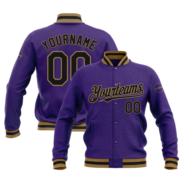 Custom Purple Black-Old Gold Classic Style Bomber Varsity Letterman Embroidered Jacket