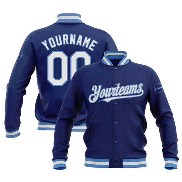 Custom Royal White-Light Blue Bomber Varsity Letterman Embroidered Jacket