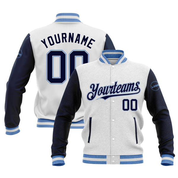 Custom White Navy-Light Blue Classic Style Two Tone Bomber Varsity Letterman Embroidered Jacket