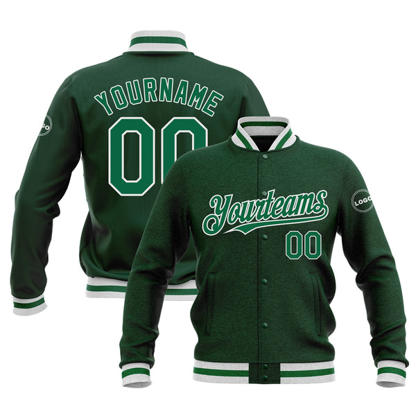 Custom Green Kelly Green-White Classic Style Full-Snap Bomber Varsity Letterman Embroidered Jacket