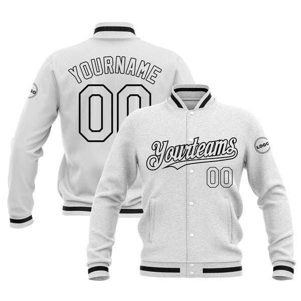 Custom White White-Black Classic Style Bomber Varsity Letterman Embroidered Jacket
