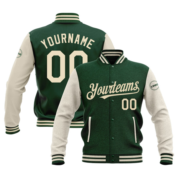 Custom Green Cream Classic Style Two Tone Full-Snap Bomber Varsity Letterman Embroidered Jacket