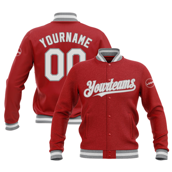 Custom Red White-Gray Bomber Varsity Letterman Embroidered Jacket