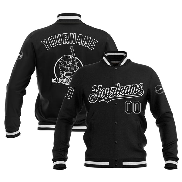Custom Black Black-White Bomber Varsity Letterman Embroidered Jacket