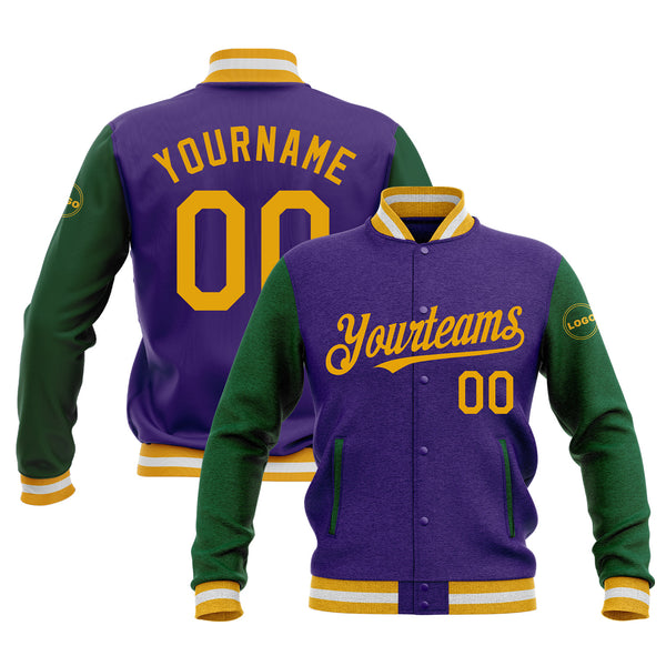 Custom Purple Gold-Kelly Green Classic Style Two Tone Bomber Varsity Letterman Embroidered Jacket