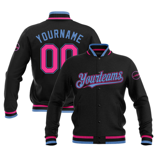 Custom Black Pink-Light Blue Full-Snap Bomber Varsity Letterman Embroidered Jacket