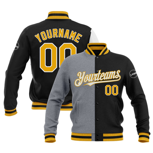 Custom Black Gold-Gray Classic Style Split Fashion Bomber Varsity Letterman Embroidered Jacket