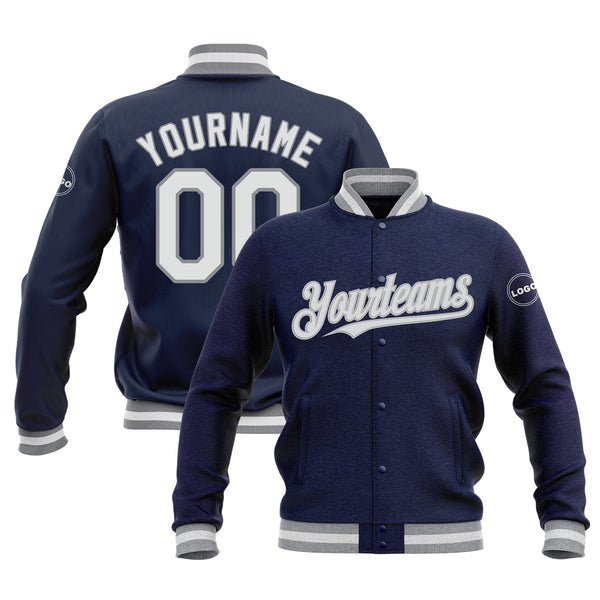 Custom Navy White-Gray Bomber Varsity Letterman Embroidered Jacket