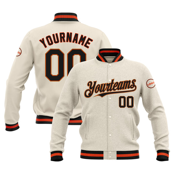 Custom Cream Black Orange-Old Gold Classic Style Full-Snap Bomber Varsity Letterman Embroidered Jacket