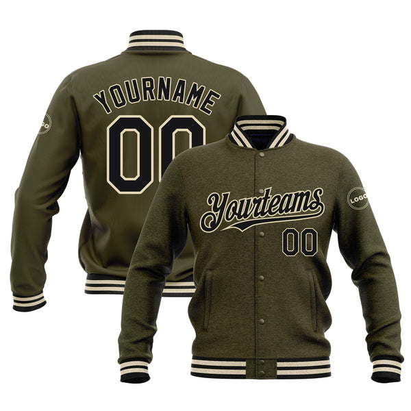 Custom Olive Black-Cream Classic Style Bomber Varsity Letterman Embroidered Jacket
