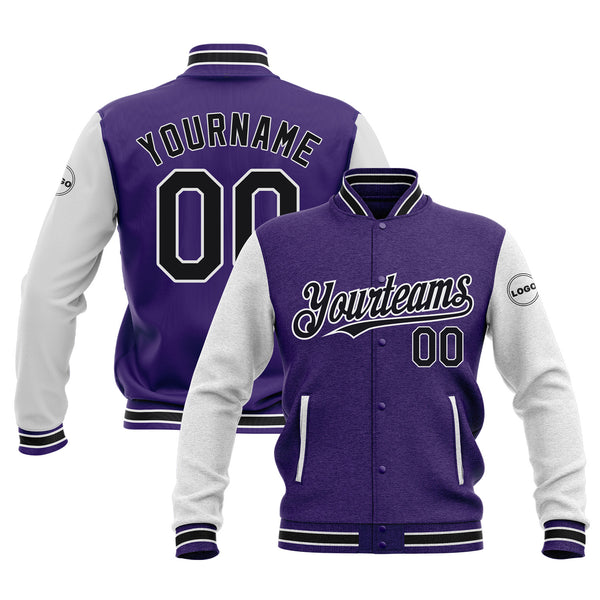 Custom Purple Black-White Classic Style Two Tone Bomber Varsity Letterman Embroidered Jacket