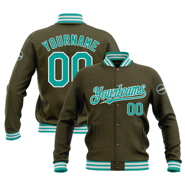 Custom Olive Aqua-White Classic Style Bomber Varsity Letterman Embroidered Jacket