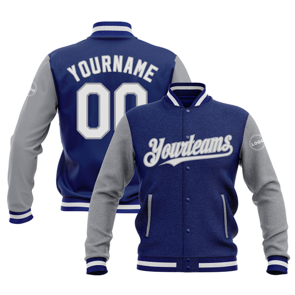 Custom Royal White-Gray Two Tone Bomber Varsity Letterman Embroidered Jacket