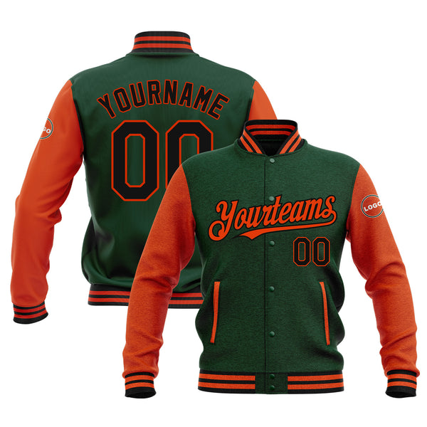 Custom Green Black-Orange Classic Style Two Tone Full-Snap Bomber Varsity Letterman Embroidered Jacket