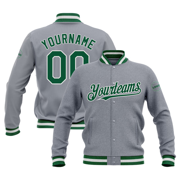 Custom Gray Kelly Green-White Full-Snap Bomber Varsity Letterman Embroidered Jacket