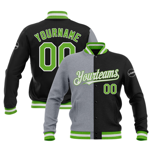 Custom Black Neon Green-Gray Classic Style Split Fashion Bomber Varsity Letterman Embroidered Jacket