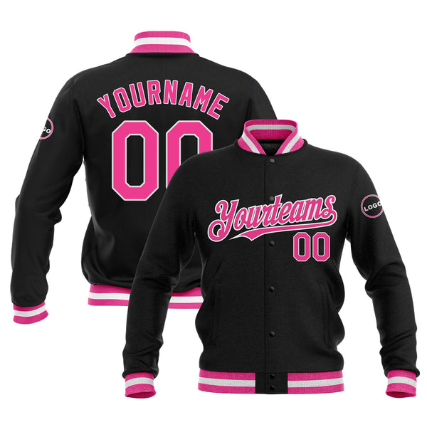 Custom Black Pink-White Classic Style Full-Snap Bomber Varsity Letterman Embroidered Jacket