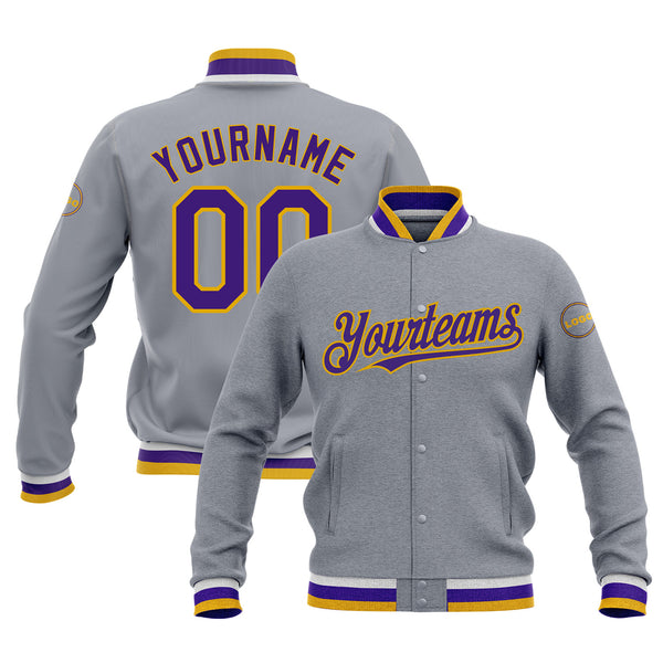 Custom Gray Purple-Gold Bomber Varsity Letterman Embroidered Jacket