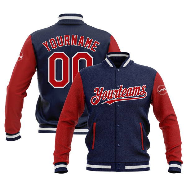 Custom Navy Red-White Two Tone Bomber Varsity Letterman Embroidered Jacket