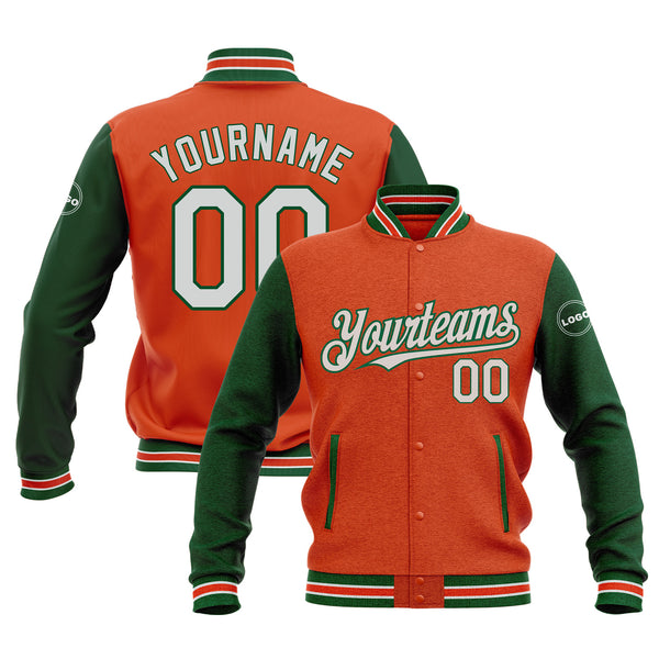 Custom Orange White-Kelly Green Classic Style Two Tone Bomber Varsity Letterman Embroidered Jacket