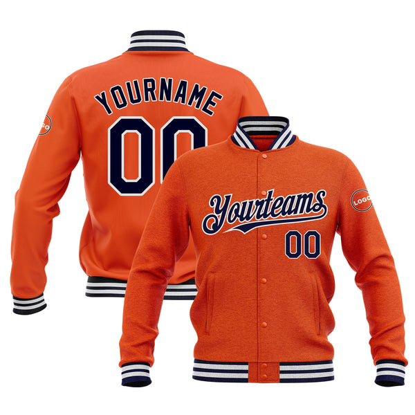 Custom Orange Navy-White Classic Style Bomber Varsity Letterman Embroidered Jacket