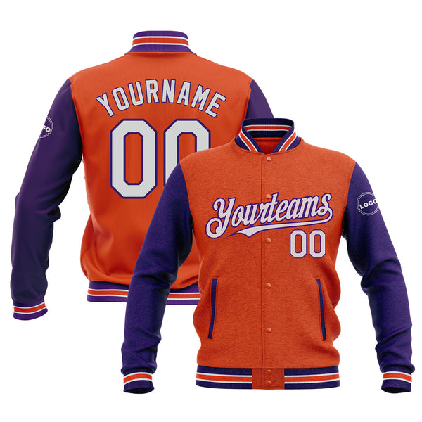Custom Orange White-Purple Classic Style Two Tone Bomber Varsity Letterman Embroidered Jacket