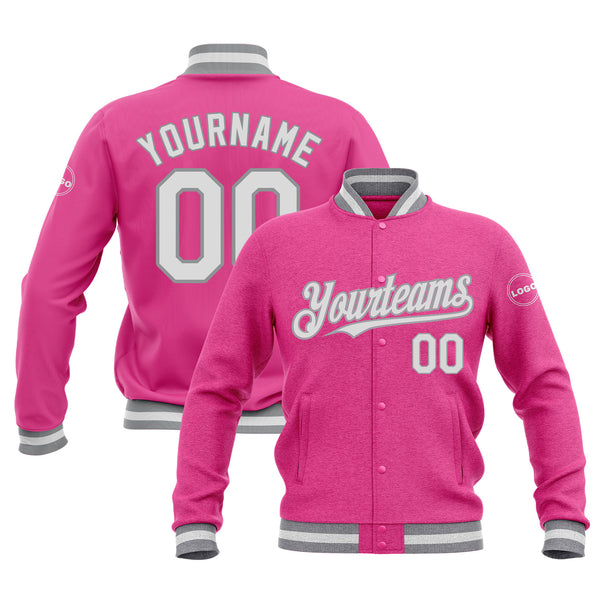 Custom Pink White-Gray Classic Style Bomber Varsity Letterman Embroidered Jacket