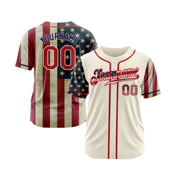 Custom Cream Red-Navy 3D American Flag Classic Style Authentic Sports Baseball Jersey