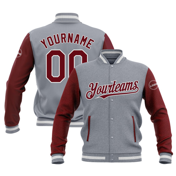 Custom Gray Crimson-White Two Tone Bomber Varsity Letterman Embroidered Jacket