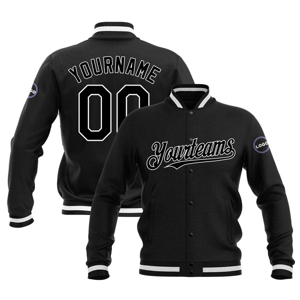 Custom Black Black-White Full-Snap Bomber Varsity Letterman Embroidered Jacket