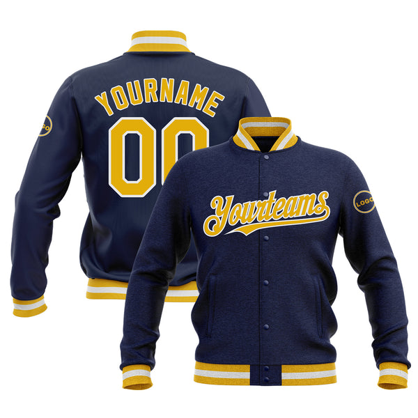 Custom Navy Gold-White Bomber Varsity Letterman Embroidered Jacket
